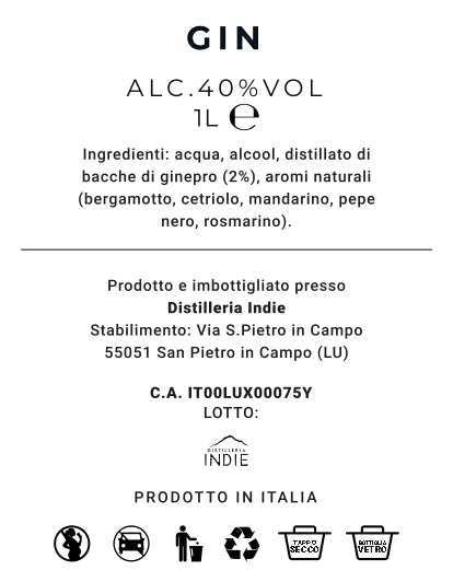 Tirrenia® Gin - Premium Tuscan Craft Gin 1lt 40% - Mixology Bottle